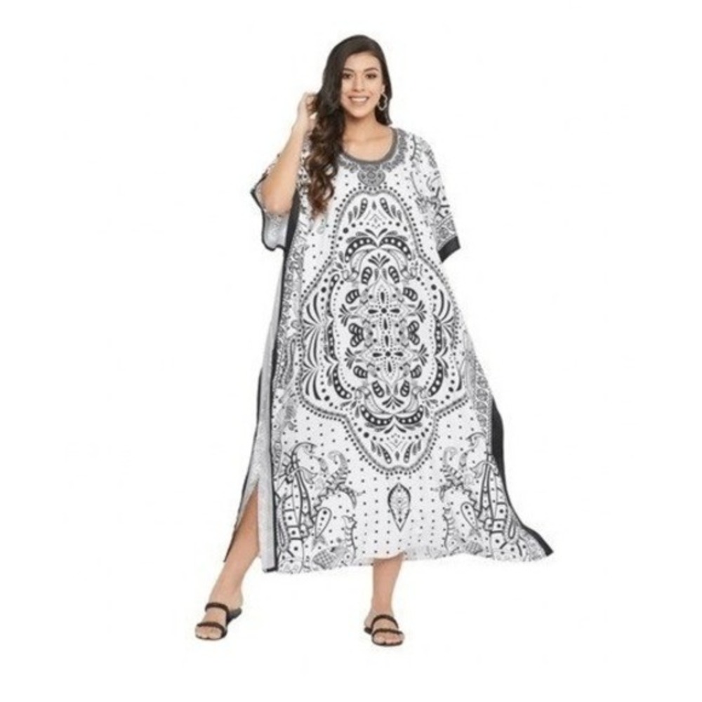 Gypsie Blu Kaftan Maxi Dress Black‎ White Flowy Knit Kimono Sleeves OS
